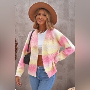 Tie-Dye Cable-Knit Raglan Sleeve Open Front Cardigan
